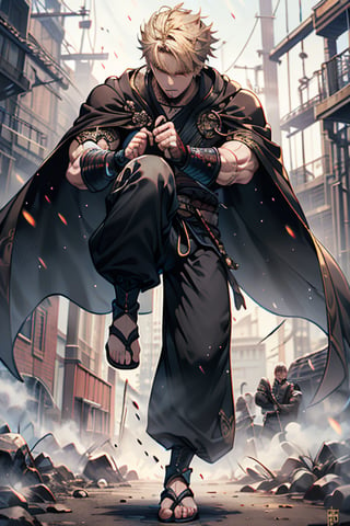 Blonde, short hair, golden eyes, asshole, man, strong, friendly, antisocial, long black kimono, muscular, dumb, warrior, perfect cape, good quality, excellent quality, masterpiece, wide martial arts pants.