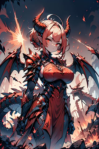 dragon wings, scaly skin, bright blonde hair, arrogant, serious, powerful, mother of the Yuumil, goddess of order, strongest dragon goddess, proud, goat horns, red horns, dragon hands, dragon legs, covered body by scales, armor, short hair, big wings, dragonborn, goddess of order and battles, masterpiece, detailed, high quality, absurd, very high resolution, good quality image, high definition, serious face, annoying, warrior, Order ,good quality eyes, high resolution eyes, defined eyes, sharp eyes, orange eyes, armor that covers everything,face with good resolution,breast armor,orange armor,hair up with braids,dragon tail,over the sun, sword of order with a orange glow, radiant figure,magma armor,1 dragon tail only one,perfect face,dragon woman, 4k, warrior,

,Circle