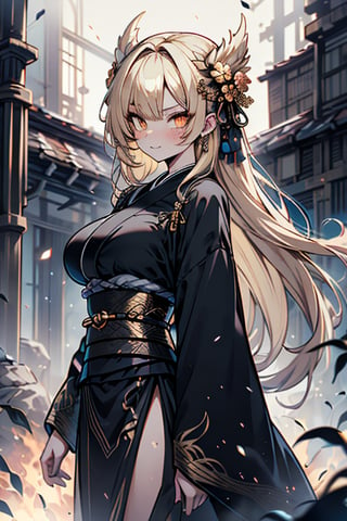 Blonde, long hair, golden eyes, asshole, man, strong, friendly, antisocial, long black kimono, silly, warrior, perfect face, good quality, excellent quality, masterpiece, trap, big breasts

