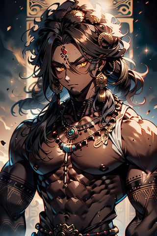 giant, muscular, ugly face, curly hair, black skin, Indian, tribal clothing, Mayan clothing, bone necklace.,dark skin,tan, man, masculine,  thick, golden eyes, yellow eyes


