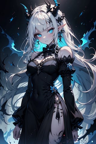 white hair, deep blue eyes, aura of dark power, the most powerful being in the world, queen of darkness, lost look, pointed ears, black dress with blue edges, killer of gods, the one who killed Lucifer, incarnation of the gods dragons, masterpiece, very good quality, excellent quality, perfect face, small breasts, serious face, dazed, calm, kuudere, eyes with blue flames, looking down, as if on top of the world, horns, fake goddess, bare shoulders, long skirt, gothic, Mullet Bangs, staring, sad expression, blue roses in her hair and her dress,emanates the power of chaos within her,black sclera,black bow tie, domino dresses from the Victorian era.
