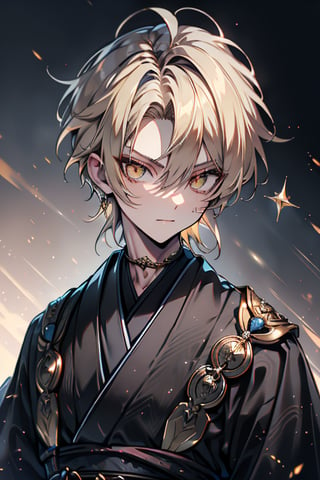 Blonde, short hair, golden eyes, asshole, man, strong, friendly, antisocial, long black kimono, silly, warrior, perfect face, good quality, excellent quality, masterpiece,
