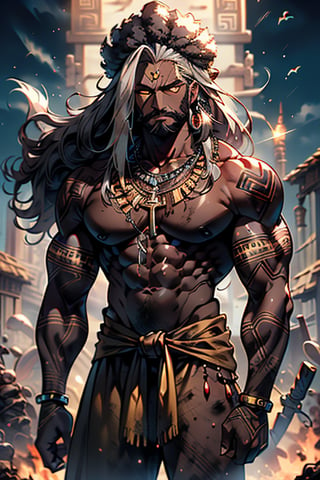 giant, muscular, ugly face, curly hair, black skin, Indian, tribal clothing, Mayan clothing, bone necklace.,dark skin,tan, man, masculine,  thick, golden eyes, yellow eyes, vagabond, unfortunate, long dirty beard.



