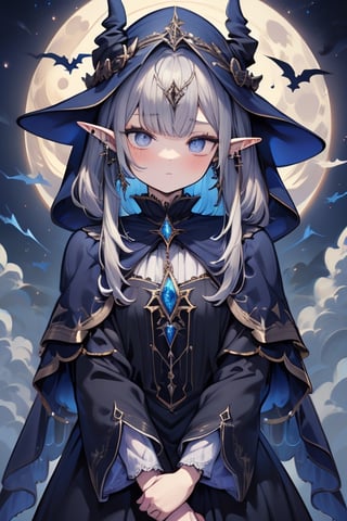 gray hair with blue tones, black witch clothes, moon earrings, gray eyes, dark circles, sleepy, dream witch, pointy ears, elf,  medium hair., veil.