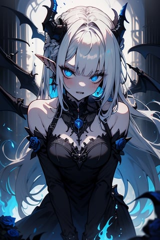 white hair, deep blue eyes, aura of dark power, the most powerful being in the world, queen of darkness, lost look, pointed ears, black dress with blue edges, killer of gods, the one who killed Lucifer, incarnation of the gods dragons, masterpiece, very good quality, excellent quality, perfect face, small breasts, serious face, dazed, calm, kuudere, eyes with blue flames, looking down, as if on top of the world, horns, vampire fangs, fake goddess, bare shoulders, long skirt, gothic, Mullet Bangs, staring, sad expression, blue roses in her hair and her dress,emanates the power of chaos within her.

