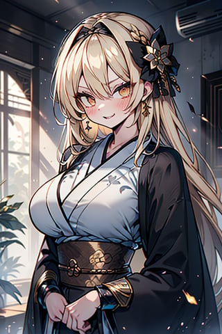 Blonde, long hair, golden eyes, asshole, man, strong, friendly, antisocial, long black kimono, silly, warrior, perfect face, good quality, excellent quality, masterpiece, trap, big breasts

