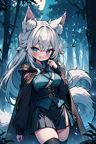 white hair, blue eyes, coat with blue vintage style cape, friendly face, skirt, killer, happy smile, blows, in the forest at night, masterpiece, detailed, high quality, absurd, long hair, black stockings, masterpiece, excellent quality, perfect face, medium breasts, kitsune ears, kitsune tail.

