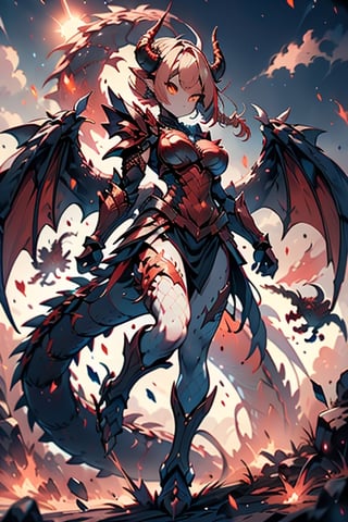 dragon wings, scaly skin, bright blonde hair, arrogant, serious, powerful, mother of the Yuumil, goddess of order, strongest dragon goddess, proud, goat horns, red horns, dragon hands, dragon legs, covered body by scales, armor, short hair, big wings, dragonborn, goddess of order and battles, masterpiece, detailed, high quality, absurd, very high resolution, good quality image, high definition, serious face, annoying, warrior, Order ,good quality eyes, high resolution eyes, defined eyes, sharp eyes, orange eyes, armor that covers everything,face with good resolution,breast armor,orange armor,hair up with braids,dragon tail,over the sun, sword of order with a orange glow, radiant figure,magma armor,1 dragon tail only one,perfect face,dragon woman, warrior,goddess of war, beautiful, immaculate face.


