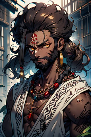 giant, muscular, ugly face, curly hair, black skin, Indian, tribal clothing, Mayan clothing, bone necklace.,dark skin,tan, man, masculine,  thick, golden eyes, yellow eyes, vagabond, unfortunate, long dirty beard, skinny, malnourished, haggard face, crazy



