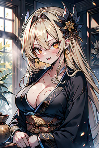 Blonde, long hair, golden eyes, asshole, man, strong, friendly, antisocial, long black kimono, silly, warrior, perfect face, good quality, excellent quality, masterpiece, trap, big breasts

