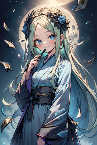 light green hair, blue eyes, kimono with long skirt, golden tiana, friendly face, self-centered, food lover, money lover, magic style long sleeve dress, happy smile, masterpiece, moon earrings, detailed, tall quality, absurd, teleportation magician, long hair with roses, masterpiece, excellent quality, excellent quality, perfect face, green hair, loli, small breasts, small height, golden clothes, extravagant clothes.



