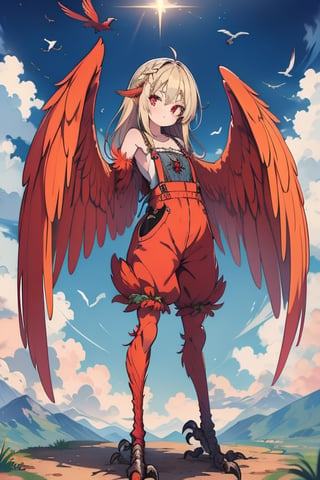 masterpiece, best quality, harpy, standing, They fit perfectly to her size due to the runes embedded in its fabrics,long hair, no hands,light blonde hair, harpy wings, bird legs, bird hands, bird arms, harpy woman, bird woman, red eyes, orange wings, spread wings, (flat chest :1.1),farmer's clothes with an overall.
