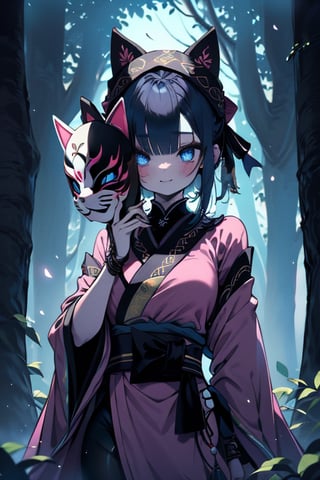 dark blue hair, blue eyes, pink kimono outfit with black edges, friendly face, a black spandex that covers his entire body, headscarf, killer, happy smile, bangs, in the forest at night, masterpiece, detailed, high quality, absurd, the strongest human of all, bringer of the world's hope, short hair, black lycra, black pantyhouse, masterpiece, excellent quality, excellent quality, perfect face, medium breasts,mask on hand, (fox mask, mask on the hand, put on mask),ribbon with bow at the waist, long kimono.

