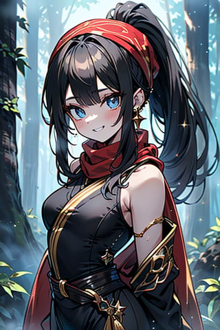 black hair, blue eyes, yellow Kimono
 outfit with black edges, a red scarf with gold stripes, the edges have small golden touches, friendly face, a black spandex that covers her entire body, headscarf, killer, happy smile , bangs, in the forest at night, masterpiece, star earrings, detailed, high quality, absurd, the strongest human of all, bringer of the world's hope, hair in ponytail,black lycra, masterpiece, excellent quality, excellent quality, perfect face.

