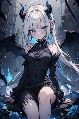 white hair, deep blue eyes, aura of dark power, the most powerful being in the world, queen of darkness, lost look, pointed ears, black dress with blue edges, killer of gods, the one who killed Lucifer, incarnation of the gods dragons, masterpiece, very good quality, excellent quality, perfect face, small breasts, serious face, dazed, calm, kuudere, eyes with blue flames, looking down, as if on top of the world, horns, fake goddess, bare shoulders, long skirt, gothic, Mullet Bangs, staring, sad expression, blue roses in her hair and her dress,emanates the power of chaos within her.

