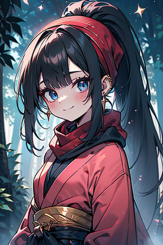 dark blue hair, blue eyes, pink kimono outfit with black edges, a red scarf with gold stripes, the edges have small golden touches, friendly face, a black spandex that covers her entire body, headscarf, killer, happy smile, bangs, in the forest at night, masterpiece, star earrings, detailed, high quality, absurd, the strongest human of all, bringer of the world's hope, hair in ponytail, black lycra, masterpiece, excellent quality, excellent quality, perfect face.
