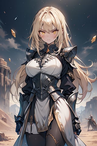 blonde, golden eyes, angry look, long hair, desert knight, hates magic, candys a long elegant white tunic, armor on her hands, legs and arms, gray and white dress, appearance of a warrior, strong woman, scars all over the body, golden eyes, perfect face, very good quality, masterpiece, excellent quality,yellow eyes,blonde hair, black pantyhose
