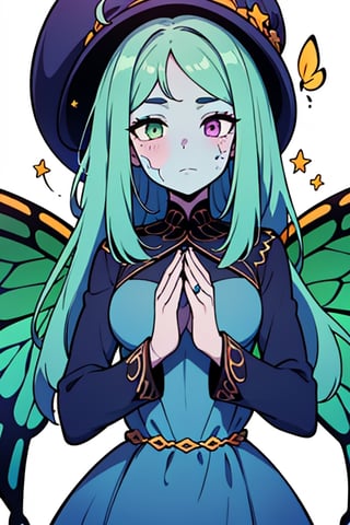 four arms, star fairy, wise look, blue dress, gray skin, time witch, wise, long hair,masterpiece, detailed, high quality, absurdres,purple eyes, green hair, four arms, 4 arms,  1 girl, seer,  no facial expressions, heterochromia, fairy wings with butterfly patterns resembling eyes, omnipresent, omniscient,blue hat with brown decoration of butterflies and stars,cracks in her face, puppet body, not human body, doll body, fake face, More Detail, green hair, lake fairy.