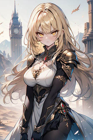 blonde, golden eyes, angry look, long hair, desert knight, hates magic, candys a long elegant white tunic, armor on her hands, legs and arms, gray and white dress, appearance of a warrior, strong woman, scars all over the body, golden eyes, perfect face, very good quality, masterpiece, excellent quality,yellow eyes,blonde hair, black pantyhose
