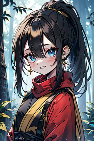 black hair, blue eyes, yellow Kimono
 outfit with black edges, a red scarf with gold stripes, the edges have small golden touches, friendly face, a black spandex that covers her entire body, headscarf, killer, happy smile , bangs, in the forest at night, masterpiece, star earrings, detailed, high quality, absurd, the strongest human of all, bringer of the world's hope, hair in ponytail,black lycra, masterpiece, excellent quality, excellent quality, perfect face.

