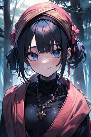 dark blue hair, blue eyes, pink kimono outfit with black edges, friendly face, a black spandex that covers his entire body, headscarf, killer, happy smile, bangs, in the forest at night, masterpiece, detailed, high quality, absurd, the strongest human of all, bringer of the world's hope, short hair, black lycra, masterpiece, excellent quality, excellent quality, perfect face.
