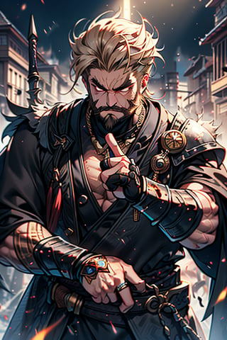 Blonde, short hair, golden eyes, asshole, male, strong, friendly, antisocial, long black kimono, goofy, warrior, perfect face, good quality, excellent quality, masterpiece, burly, ring beard

