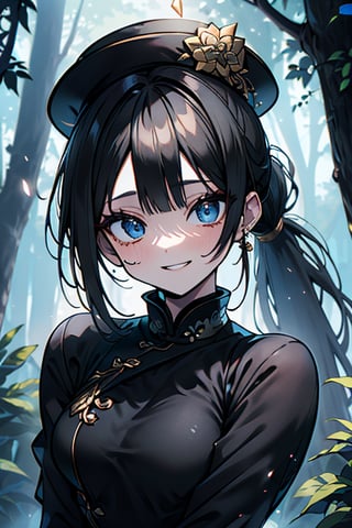 black hair, blue eyes, yellow qipao with black edges, French black hat, friendly face, black pantyhouse, killer, happy smile, bangs, in the forest at night, masterpiece, detailed, high quality, absurd, the strongest human of all, bearer of the hope of the world, hair in a ponytail, long sleeves, masterpiece, excellent quality, excellent quality, perfect face.
