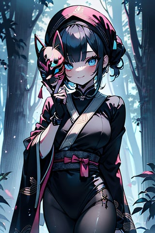 dark blue hair, blue eyes, pink kimono outfit with black edges, friendly face, a black spandex that covers his entire body, headscarf, killer, happy smile, bangs, in the forest at night, masterpiece, detailed, high quality, absurd, the strongest human of all, bringer of the world's hope, short hair, black lycra, black pantyhouse, masterpiece, excellent quality, excellent quality, perfect face, medium breasts,mask on hand, (fox mask, mask on the hand, put on mask)
