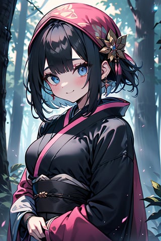 dark blue hair, blue eyes, pink kimono outfit with black edges, friendly face, a black spandex that covers his entire body, headscarf, killer, happy smile, bangs, in the forest at night, masterpiece, detailed, high quality, absurd, the strongest human of all, bringer of the world's hope, short hair, black lycra, masterpiece, excellent quality, excellent quality, perfect face.
