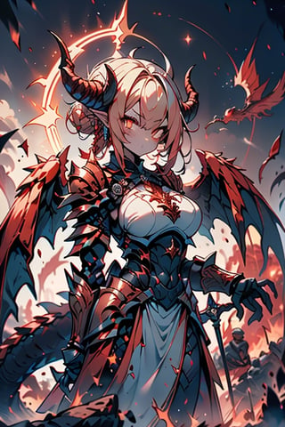 dragon wings, scaly skin, bright blonde hair, arrogant, serious, powerful, mother of the Yuumil, goddess of order, strongest dragon goddess, proud, goat horns, red horns, dragon hands, dragon legs, covered body by scales, armor, short hair, big wings, dragonborn, goddess of order and battles, masterpiece, detailed, high quality, absurd, very high resolution, good quality image, high definition, serious face, annoying, warrior, Order ,good quality eyes, high resolution eyes, defined eyes, sharp eyes, orange eyes, armor that covers everything,face with good resolution,breast armor,orange armor,hair up with braids,dragon tail,over the sun, sword of order with a orange glow, radiant figure,magma armor,1 dragon tail only one,perfect face,dragon woman, 4k, warrior,

,Circle