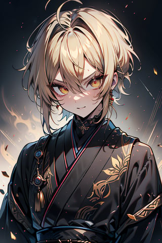 Blonde, short hair, golden eyes, asshole, man, strong, friendly, antisocial, long black kimono, silly, warrior, perfect face, good quality, excellent quality, masterpiece,
