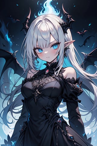 white hair, deep blue eyes, aura of dark power, the most powerful being in the world, the most powerful vampire on earth, queen of darkness, lost look, pointed ears, black dress with blue borders, killer of gods, the one who I finished with Lucifer, incarnation of the dragon gods, masterpiece, very good quality, excellent quality, perfect face,small breasts, serious and arrogant face, quiet, kuudere, eyes with blue flames, looking down, as if she were on top of the world.
