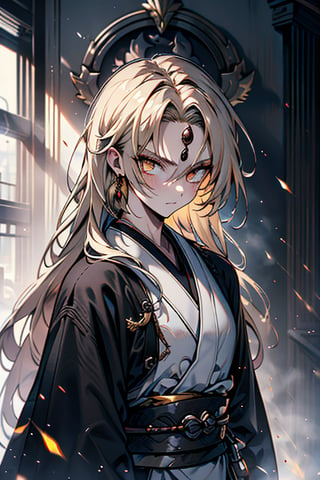 Blonde, long hair, golden eyes, asshole, man, strong, friendly, antisocial, long black kimono, silly, warrior, perfect face, good quality, excellent quality, masterpiece,
