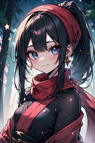 dark blue hair, blue eyes, pink kimono outfit with black edges, a red scarf with gold stripes, the edges have small golden touches, friendly face, a black spandex that covers her entire body, headscarf, killer, happy smile, bangs, in the forest at night, masterpiece, star earrings, detailed, high quality, absurd, the strongest human of all, bringer of the world's hope, hair in ponytail, black lycra, masterpiece, excellent quality, excellent quality, perfect face.
