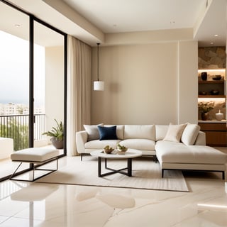 Photograph, contemporary living room, soft light of morning, integration of beige flooring and matte stone features, unified color scheme of soothing white tones, creating a white and inviting atmosphere, 35mm f/1.4G lens, set f/4, sophisticated furniture, including a white-colored sofa set and a minimalist side table, natural lights