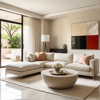 Photograph, contemporary living room, soft light of morning, integration of beige flooring and matte stone features, unified color scheme of soothing white tones, creating a white and inviting atmosphere, 35mm f/1.4G lens, set f/4, sophisticated furniture, including a white-colored sofa set and a minimalist side table, natural lights