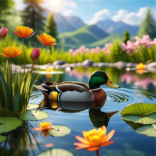 Create a high-quality and ultra-realistic image of a duck swimming in a pond with a beautiful landscape. The duck should be detailed with shiny and realistic feathers, reflecting sunlight on its plumage. The pond should have clear and crystalline water with gentle ripples indicating the duck's movement. Around the pond, there should be a serene and natural landscape with lush trees of different types and sizes, some vibrant colored flowers, and green grass. In the background, there should be gentle hills and a blue sky with some fluffy white clouds. The lighting should be soft and warm, like the sunlight on a spring morning. The reflections in the water should be sharp, showing both the duck and part of the surrounding landscape. Additional details may include some insects like dragonflies flying near the water and small fish visible beneath the pond's surface.,more detail XL