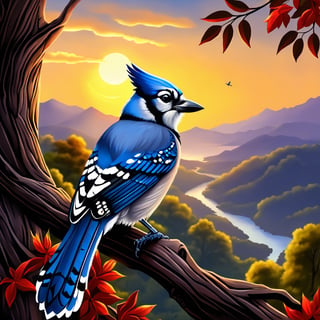 High Detailed, High Quality, Beautiful, a blue jay bird on a tree branch watching the sky with beautiful landscape,LegendDarkFantasy