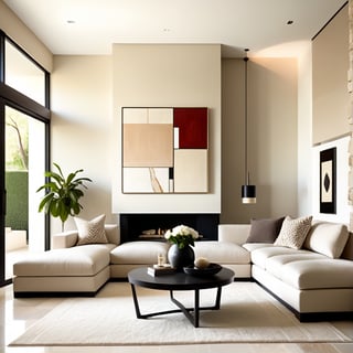 Photograph, contemporary living room, soft light of morning, integration of beige flooring and matte stone features, unified color scheme of soothing white tones, creating a white and inviting atmosphere, 35mm f/1.4G lens, set f/4, sophisticated furniture, including a white-colored sofa set and a minimalist side table, natural lights,more detail XL