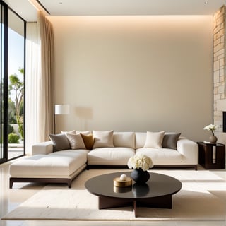 Photograph, contemporary living room, soft light of morning, integration of beige flooring and matte stone features, unified color scheme of soothing white tones, creating a white and inviting atmosphere, 35mm f/1.4G lens, set f/4, sophisticated furniture, including a white-colored sofa set and a minimalist side table, natural lights