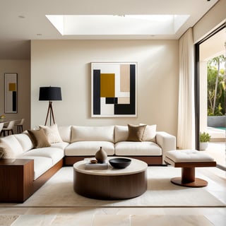 Photograph, contemporary living room, soft light of morning, integration of beige flooring and matte stone features, unified color scheme of soothing white tones, creating a white and inviting atmosphere, 35mm f/1.4G lens, set f/4, sophisticated furniture, including a white-colored sofa set and a minimalist side table, natural lights,more detail XL