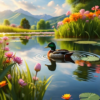 Create a high-quality and ultra-realistic image of a duck swimming in a pond with a beautiful landscape. The duck should be detailed with shiny and realistic feathers, reflecting sunlight on its plumage. The pond should have clear and crystalline water with gentle ripples indicating the duck's movement. Around the pond, there should be a serene and natural landscape with lush trees of different types and sizes, some vibrant colored flowers, and green grass. In the background, there should be gentle hills and a blue sky with some fluffy white clouds. The lighting should be soft and warm, like the sunlight on a spring morning. The reflections in the water should be sharp, showing both the duck and part of the surrounding landscape. Additional details may include some insects like dragonflies flying near the water and small fish visible beneath the pond's surface.,more detail XL