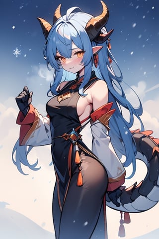 dragon woman, wingless, long hair, friendly face, orange martial arts master outfit, blue hair, dragon horns with orange tips, dragon tail, orange eyes, horns facing back,small breasts, beautiful, the woman who reflects the cold, the lady of winter, tail attached to the body, the monster of order.