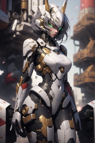 beautiful girl future green eyes pretty eyes beautiful silver hair face preurity 4k tight red and black suit pretty breasts mecha mechanism on her thighs with energy generators for speed use a futuristic submachine gun,PD-802