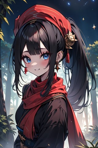 black hair, blue eyes, Geisha
 outfit with black edges, a red scarf with gold stripes, the edges have small golden touches, friendly face, a black spandex that covers her entire body, headscarf, killer, happy smile , bangs, in the forest at night, masterpiece, star earrings, detailed, high quality, absurd, the strongest human of all, bringer of the world's hope, hair in ponytail.