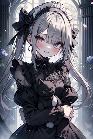 a puppet, a woman with a small body, teenager, gray hair, smiling, black rose patch on her left eye, very elegant black dress from the Victorian era, silver eyes, perfect face, happy, yandere, psychopath, corrodia, hive mind semi-central, small breasts, masterpiece, very good quality, excellent quality, loli, small body,loli,young man, holding a stuffed cat in her arms, gothic,sculptor of souls,two long pigtails in her hair,maid headband.