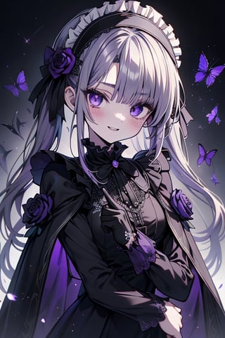 a puppet, a woman with a small body, teenager, gray hair, smiling, black rose patch on her left eye, very elegant black dress from the Victorian era, purple eyes, perfect face, happy, yandere, psychopath, corrodia, hive mind semi-central, small breasts, masterpiece, very good quality, excellent quality, loli, small body,loli,young man, 
 gothic,sculptor of souls,two long pigtails in her hair,maid headband,purple cape
