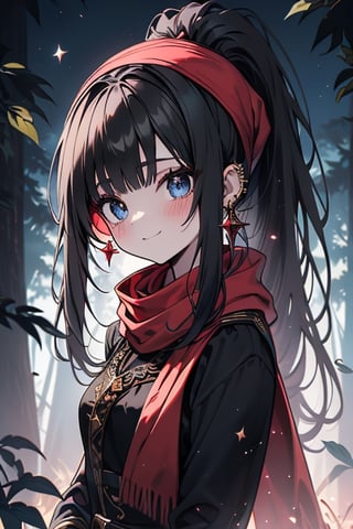 black hair, blue eyes,victorian princess dress outfit with black edges, a red scarf with gold stripes, the edges have small golden touches, friendly face, a black spandex that covers her entire body, headscarf, killer, happy smile , bangs, in the forest at night, masterpiece, star earrings, detailed, high quality, absurd, the strongest human of all, bringer of the world's hope, hair in ponytail.