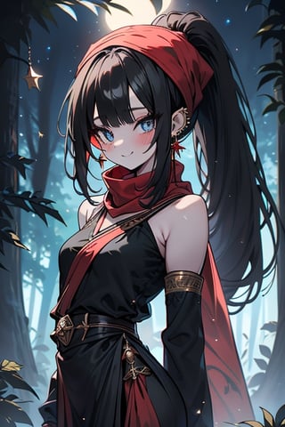 black hair, blue eyes, sari
 outfit with black edges, a red scarf with gold stripes, the edges have small golden touches, friendly face, a black spandex that covers her entire body, headscarf, killer, happy smile , bangs, in the forest at night, masterpiece, star earrings, detailed, high quality, absurd, the strongest human of all, bringer of the world's hope, hair in ponytail.