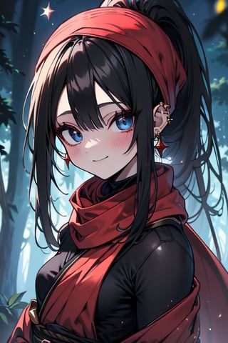 black hair, blue eyes, Kimono
 outfit with black edges, a red scarf with gold stripes, the edges have small golden touches, friendly face, a black spandex that covers her entire body, headscarf, killer, happy smile , bangs, in the forest at night, masterpiece, star earrings, detailed, high quality, absurd, the strongest human of all, bringer of the world's hope, hair in ponytail,black lycra.